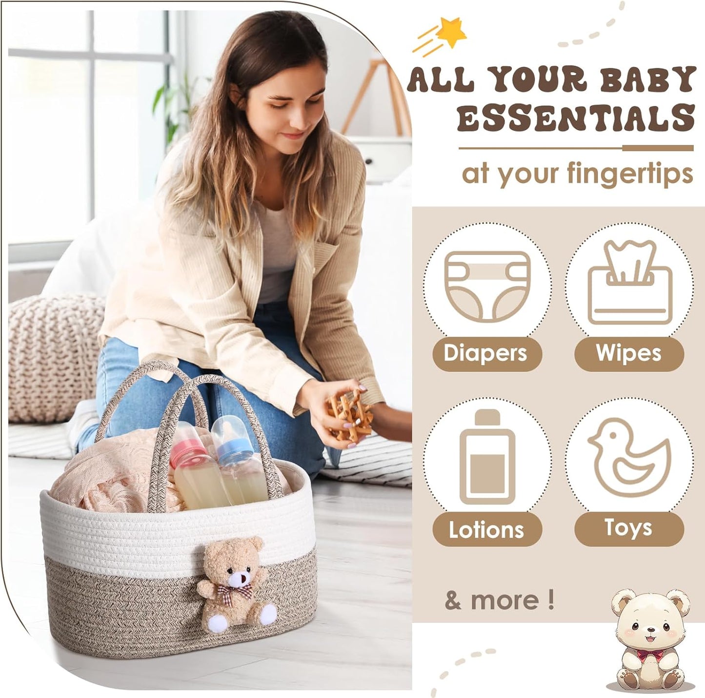 FoldTier Bear Diaper Caddy Organizer Cart Storage for Nursery with Handle, Bear Baby Shower Basket Gift Bath Caddy for Diapers and Baby Wipes, Basket for Nursery(Gray White)