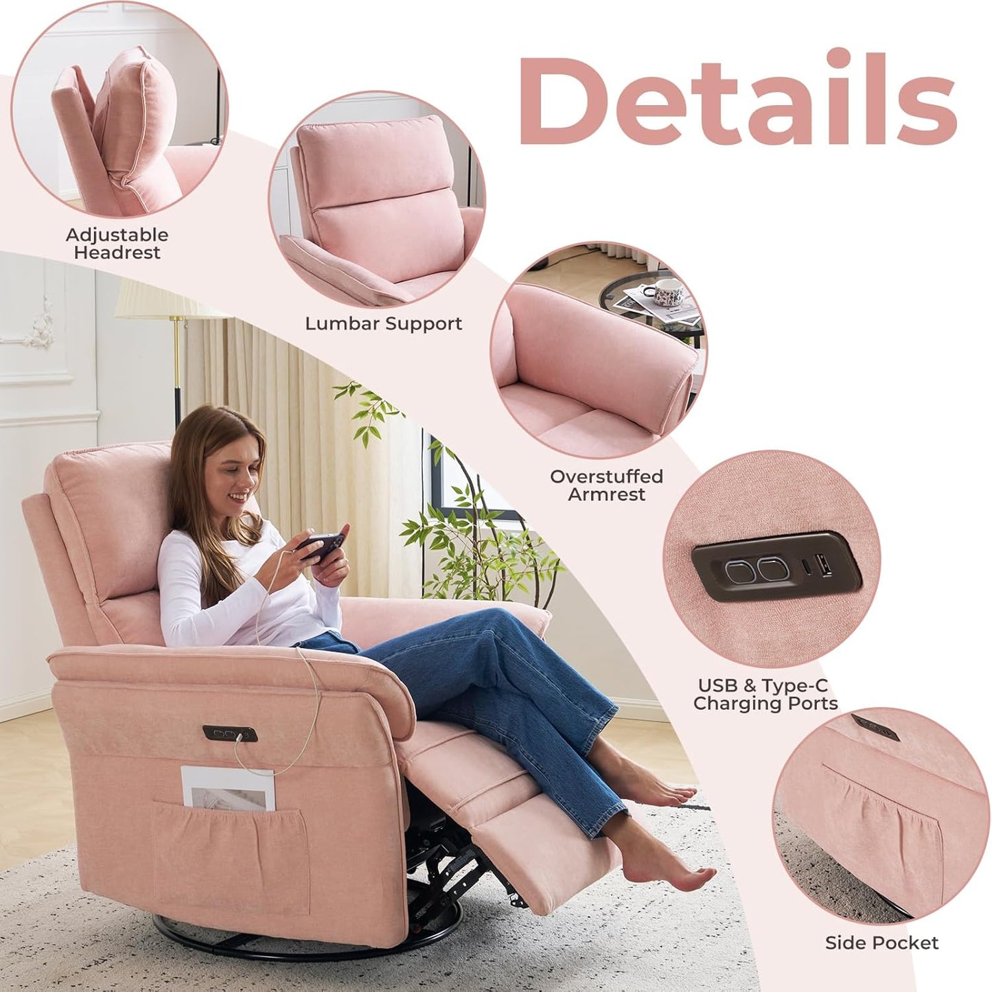 Oversized Glider Rocker Recliner, 26" Extra Wide 360° Swivel Nursery Recliner with Adjustable Headrest, Chenille Rocking Nursery Chair with Overstuffed Armrest, Lumbar Support, Light Grey