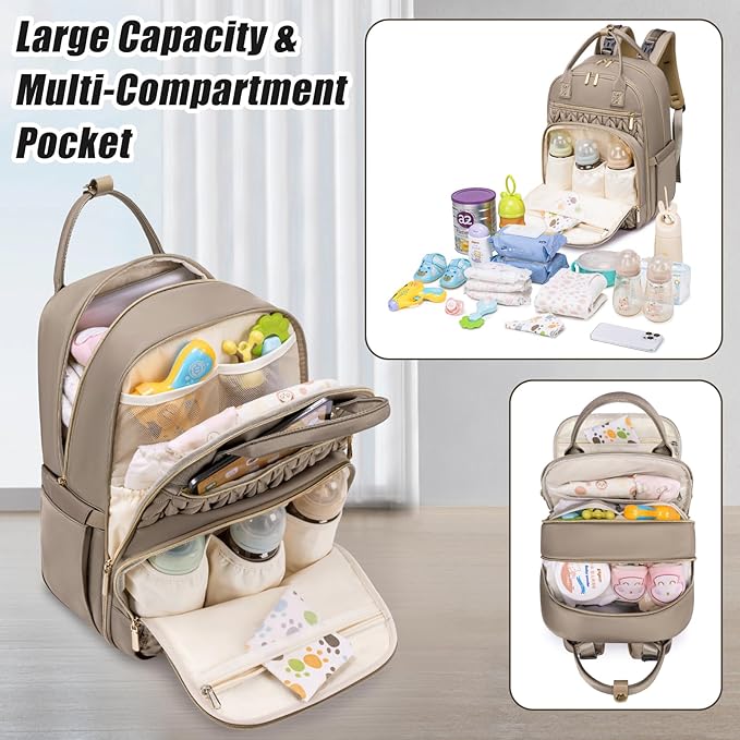 Tealari Diaper Bag Backpack,Stylish Baby Diaper Bag,Waterproof Travel Diaper Backpacks Baby Bags with Changing Pad,Stroller Straps,Insulated Pockets (Khaki)