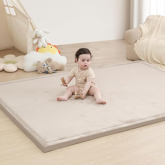Huloo Sleep Baby Play Mat for Floor,1.3" Thick Memory Foam Tummy Time Mat,Soft Coral Velvet Nursery Rug,Extra Large Non Slip for Crawling,Toddlers,Infants,Kids,Tatami Style for Living Room(Beige)