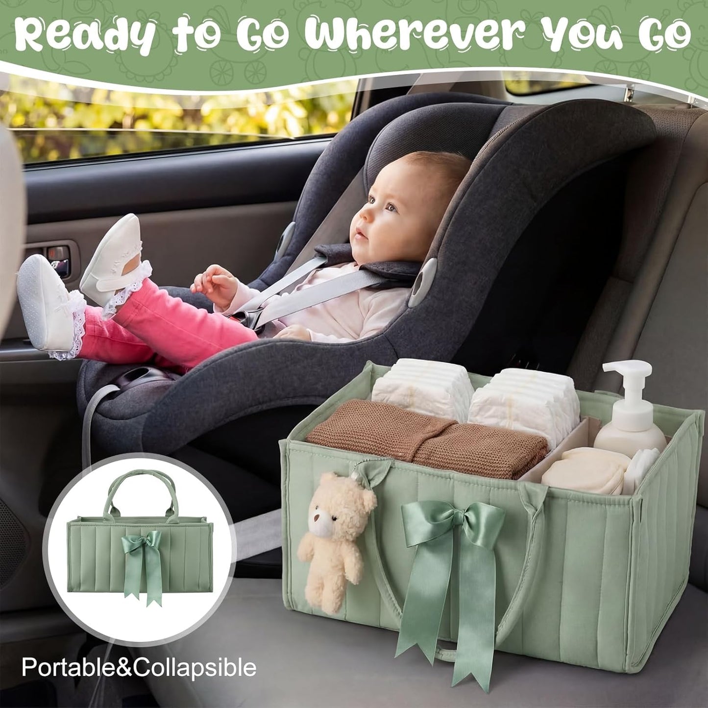 LemonRoad Baby Diaper Caddy Organizer Stylish Newborn Essentials Tote Bags with Bear Plush, Daisy Keychain, Greeting Card - Ideal Baby Shower Gift & Registry Must-Have (Sage Green)