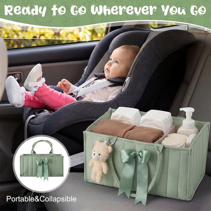 LemonRoad Baby Diaper Caddy Organizer Stylish Newborn Essentials Tote Bags with Bear Plush, Daisy Keychain, Greeting Card - Ideal Baby Shower Gift & Registry Must-Have (Sage Green)