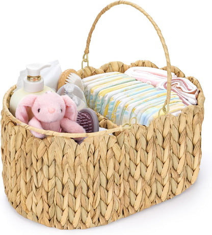 Large Baby Diaper Caddy Organizer, Portable Wicker Water Hyacinth Storage Basket with Handles and Divided Sections, Nursery Tray for Diapers Baby Essentials, Baby Shower Gifts