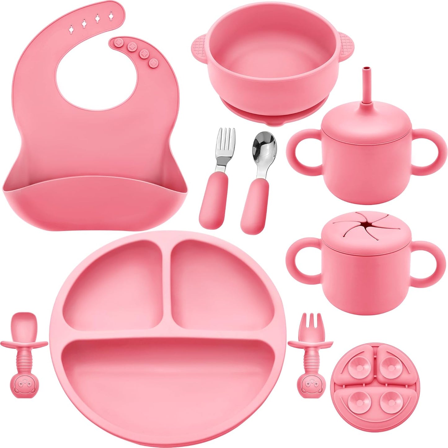 Bufims Silicone Baby Feeding Set, Baby Led Weaning Supplies, Eating Essentials Utensils with Suction Plate and Bowl, Pocket Bib, Sippy Cup with Lid, Forks Spoons Snack Container, for 6+ Months, Green