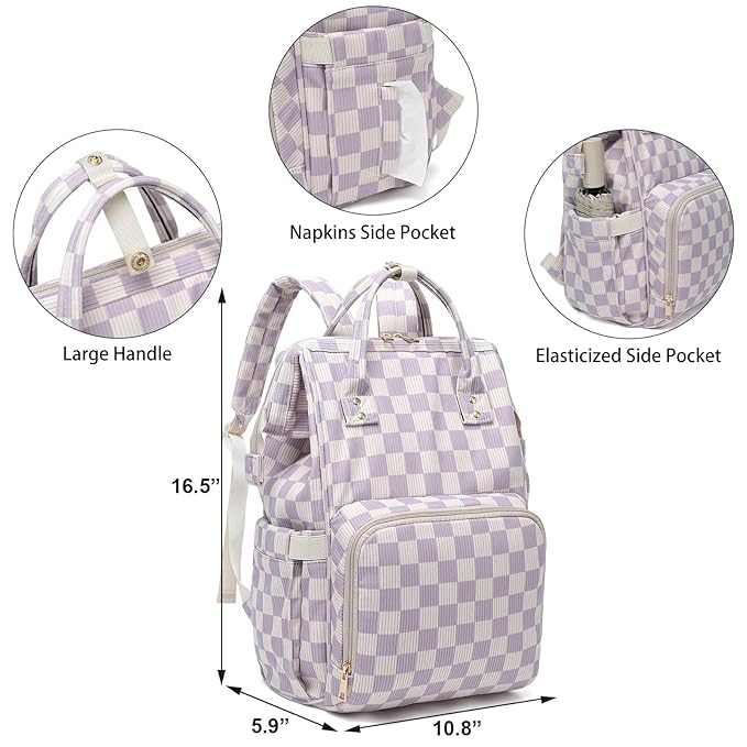 Baby Diaper Bag Backpack for Mom, Large Capacity Travel Nappy Bag for Boys & Girls with Stroller Straps (Corduroy Checkered Purple)