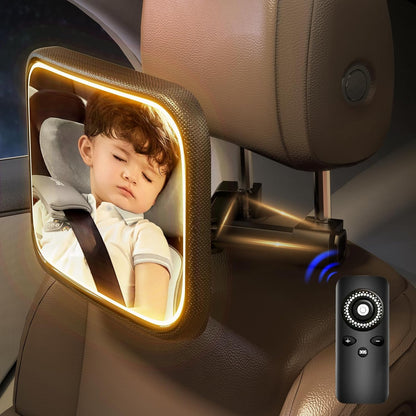 Rechargeable Baby Car Mirror with Light - Mirror for Baby in Car with Remote Control, Car Mirror for Baby Stable Hook Clip Shatterproof Crystal Clear Car Seat Mirror for Baby Safety