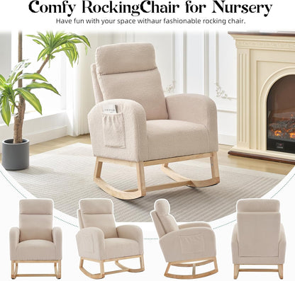 Garvee Teddy Fleece Nursery Rocking Chair,Upholstered Glider with 26" High Backrest, Padded Seat,Modern 300 Lbs Weight Capacity Accent Recliner for Living Room, Bedroom, Reading