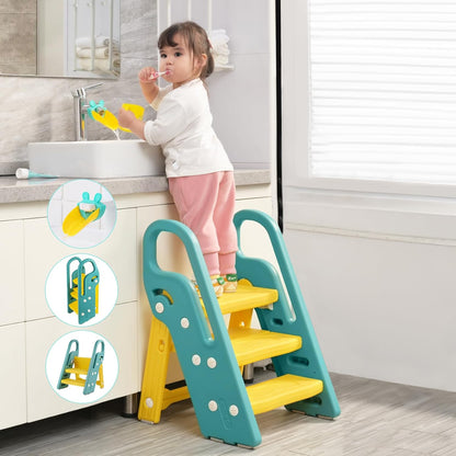 Onasti Foldable Toddler Step Stool for Bathroom Sink, Adjustable 3 Step Stool for Kids Toilet Potty Training Stool with Handles, Child Kitchen Counter Stool Helper, Plastic Ladder for Toddlers Pink