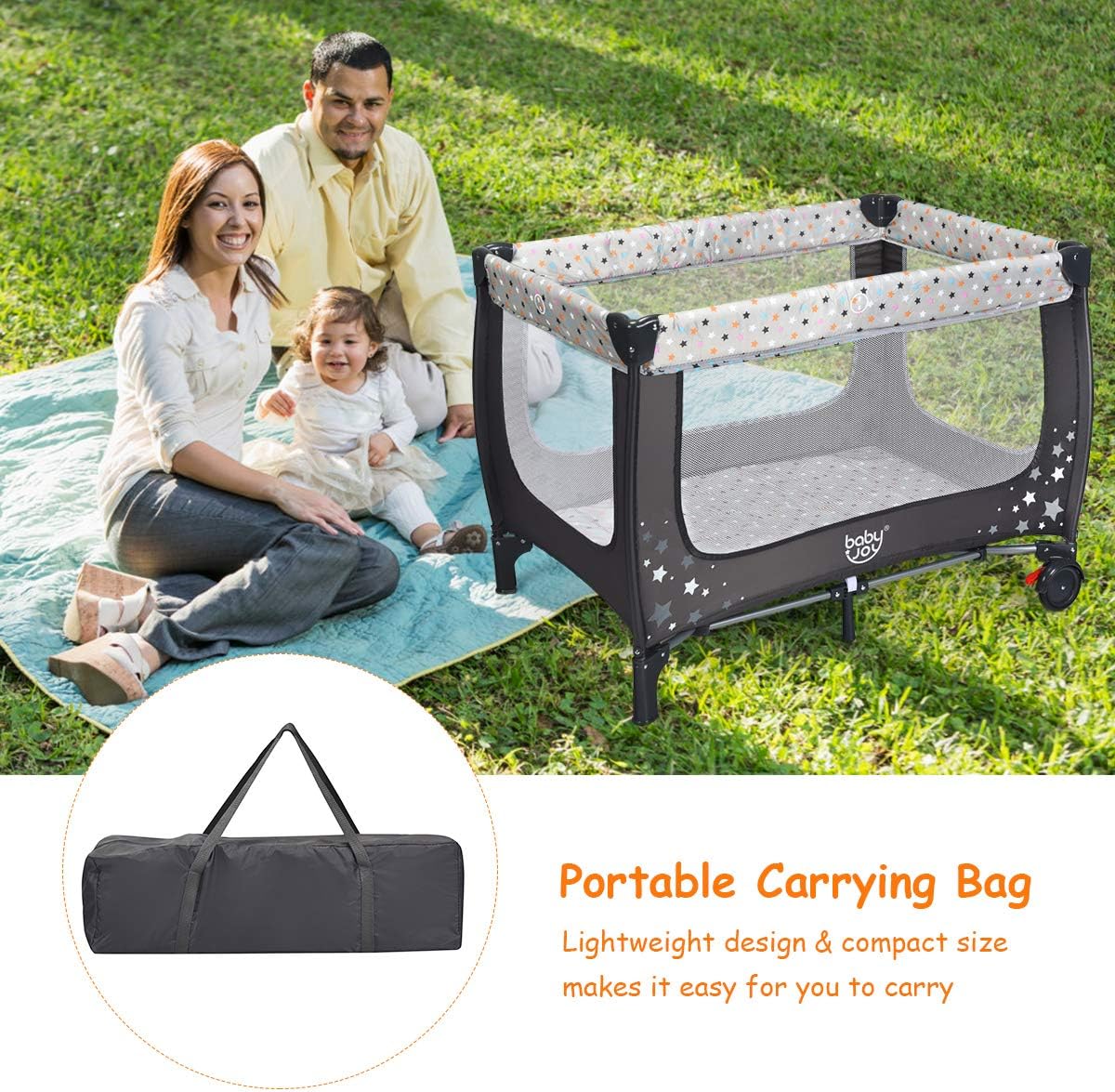 HONEY JOY Pack and Play, Foldable Baby Playard with Bassinet, Lightweight Installation-Free Travel Baby Crib from Newborn to Toddlers, Portable Nursery Center w/Lockable Wheels & Carry Bag(Gray)