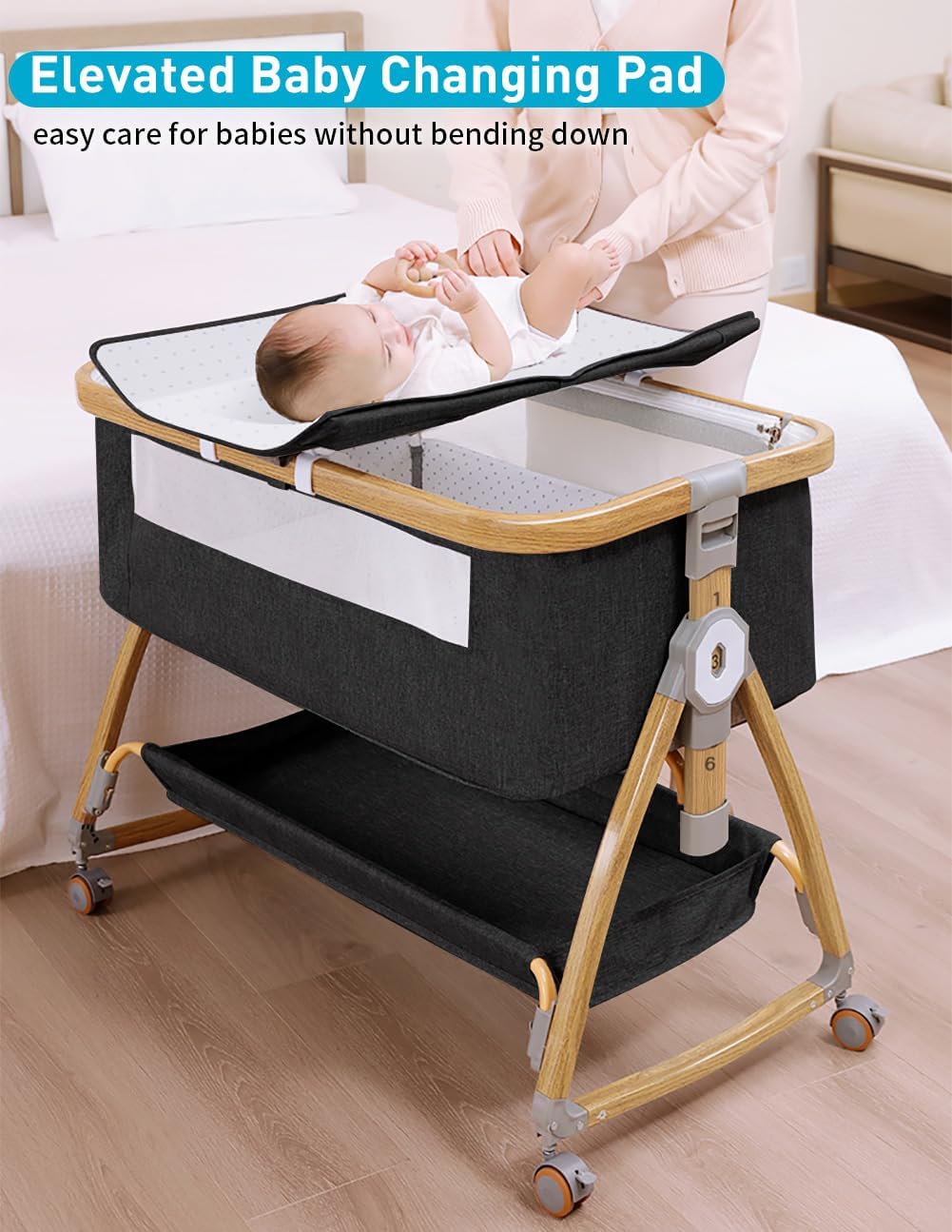 Baby Bassinet, Bedside Bassinet for Baby, 4 in 1 Portable Bassinet Bedside Sleeper with Wheels Mosquito Net & Storage Basket, 6 Height Adjustable Rocking Bassinet for Newborn Baby