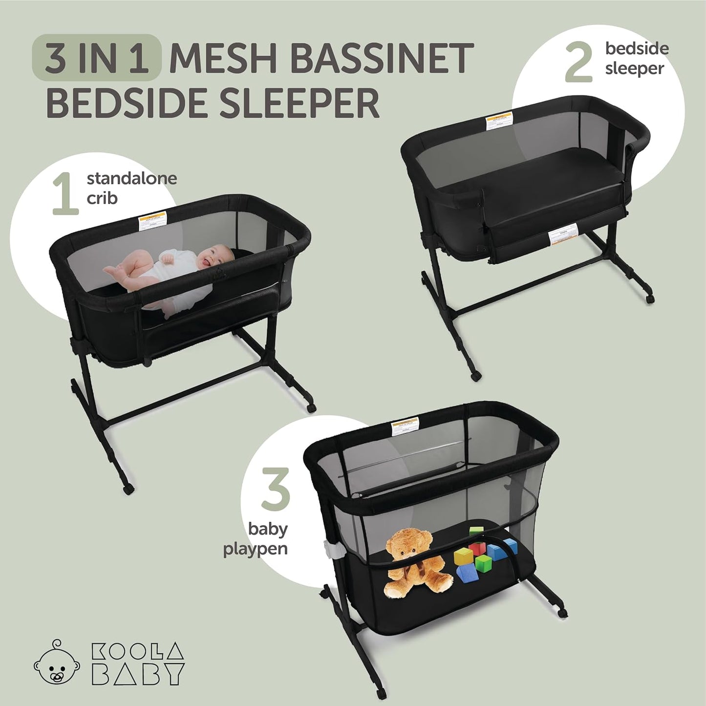KoolerThings 3 in 1 Baby Bassinet, Bedside Sleeper, & Playpen, Easy Folding Portable Crib (Black)- KoolaBaby (Mesh Bassinet)