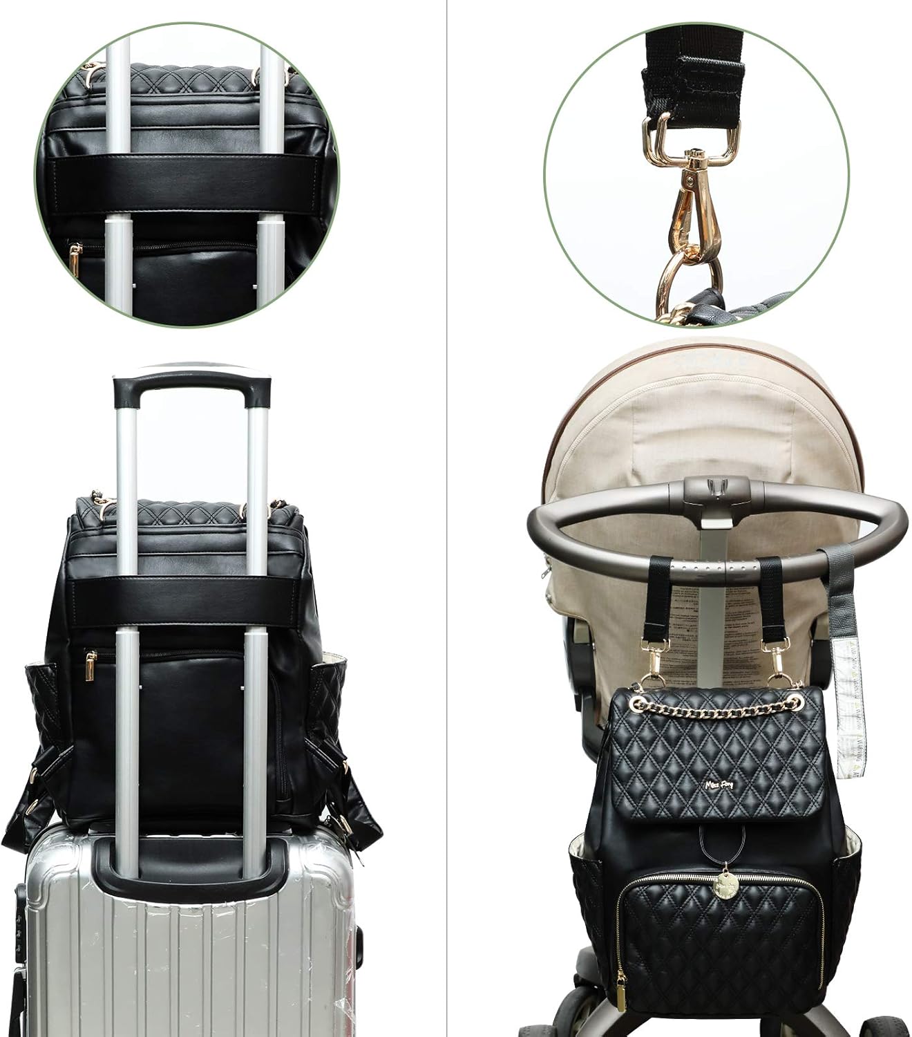 miss fong Diaper Bag Backpack Baby Diaper Bag for baby boy and girls, Leather Baby Bag with 13 diaper bag organizing pouches, Changing Pad, Stroller Straps and 4 Insulated Pockets(Black)