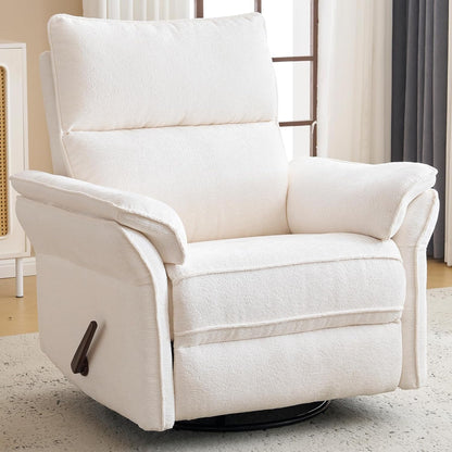 Oversized Swivel Rocker Recliner with Adjustable Headrest, Rocking Chair Nursery with Overstuffed Armrest, Manual Rocker Recliner Nursery Chair for Living Room, White