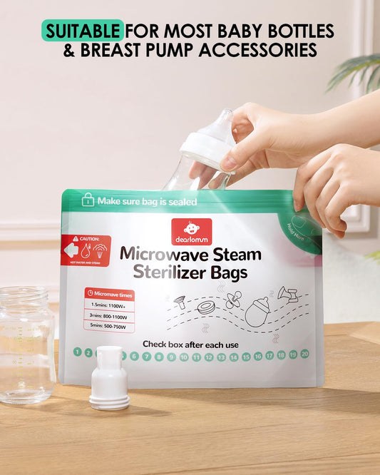dearlomum Microwave Steam Sterilizer Bag for Baby Bottles 8 Count (20 Uses Per Bag), Reusable Travel Sterilization Pouches, Disinfection Container for Baby Pacifiers and Breast Pump Accessories