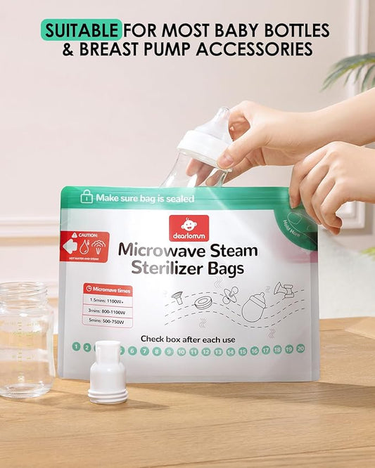 dearlomum Microwave Steam Sterilizer Bag for Baby Bottles 8 Count (20 Uses Per Bag), Reusable Travel Sterilization Pouches, Disinfection Container for Baby Pacifiers and Breast Pump Accessories