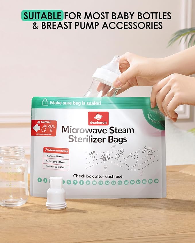 dearlomum Microwave Steam Sterilizer Bag for Baby Bottles 20 Count (20 Uses Per Bag), Reusable Travel Sterilization Pouches, Disinfection Container for Baby Pacifiers and Breast Pump Accessories