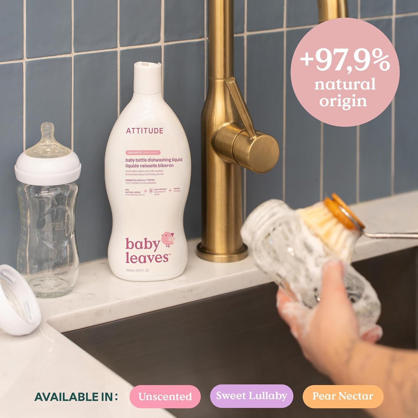 ATTITUDE Baby Bottle & Dish Soap, EWG Verified Bottle Cleaner, Fragrance Free & Dye Free, Removes Milk Residue & Grease, Vegan, Bulk Refill, Unscented, 67.6 Fl Oz