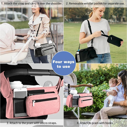 Baby Stroller Organizer, Universal Stroller Organizer with Detachable Phone Bag, Stroller Caddy with 2 Insulated Cup Holders, Buggy Organizer Bag with 2 Hooks Fits Most Strollers (Balck)