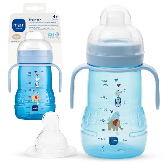 MAM 8 oz Trainer + Sippy Cup 2-Pack, 4+ Months 2-in-1 Baby Training Cup with Nipple & Silicone Spout, Spill Proof, BPA Free, Dishwasher Safe, Made In Europe