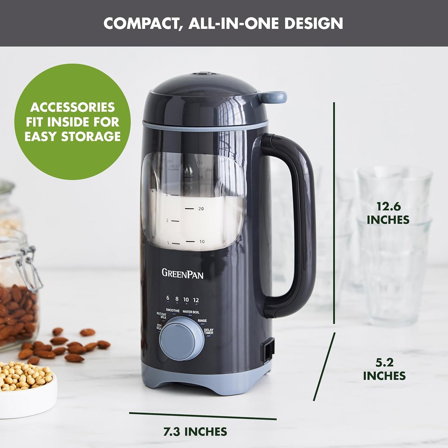 GreenPan 30oz Nut Milk Maker Machine, 15-in-1 for Homemade Almond, Oat, Soy, Coconut, Plant-Based Non-Dairy Beverages, Soups, BPA-Free Glass, Automatic Self-Clean, Delay Start, Pink