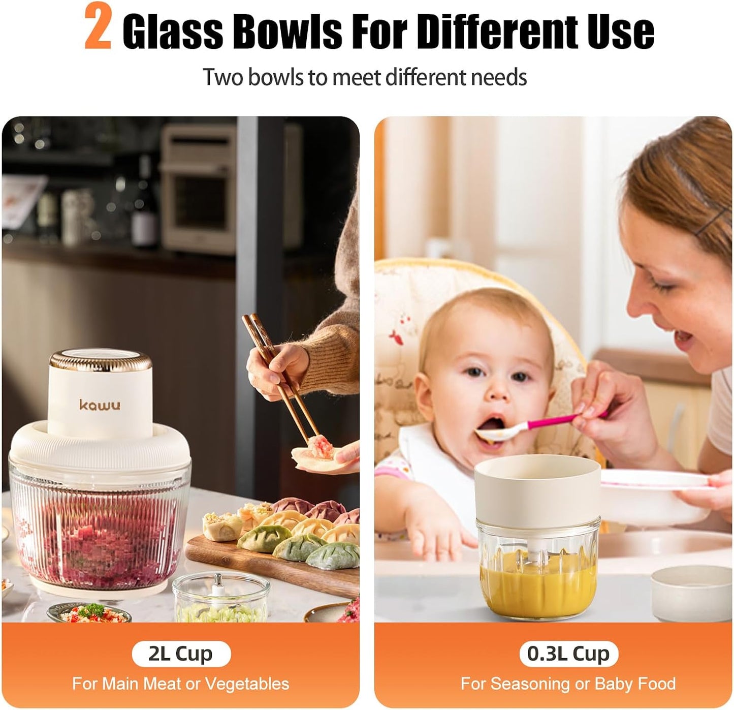 Kawu Electric Food Processor, Cordless Small Meat Grinder for Kitchen, Portable Vegetable Chopper with Glass Bowl, USB Rechargeable Meat Shredder, Mini Onion Chopper & Food Chopper Vegetable Cutter