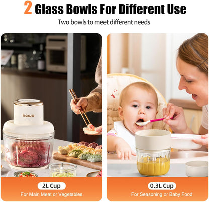 Kawu Electric Food Processor, Cordless Small Meat Grinder for Kitchen, Portable Vegetable Chopper with Glass Bowl, USB Rechargeable Meat Shredder, Mini Onion Chopper & Food Chopper Vegetable Cutter