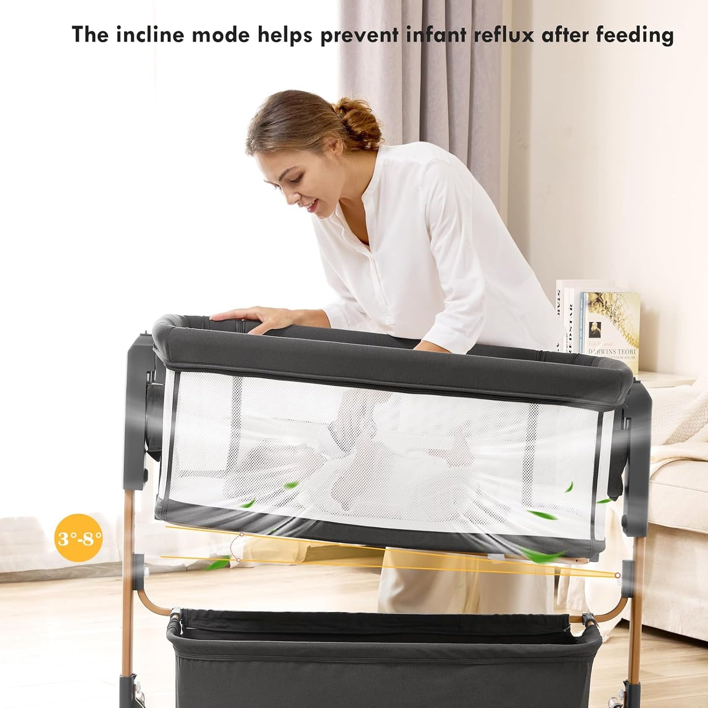 Baby Bassinet Bedside Sleeper, 3-in-1 Rocking Bassinet for Baby with 6-Level Height Adjustable, 4 Wheels & Breathable Mesh Walls, Portable Bedside Bassinet with Mattress for Newborn