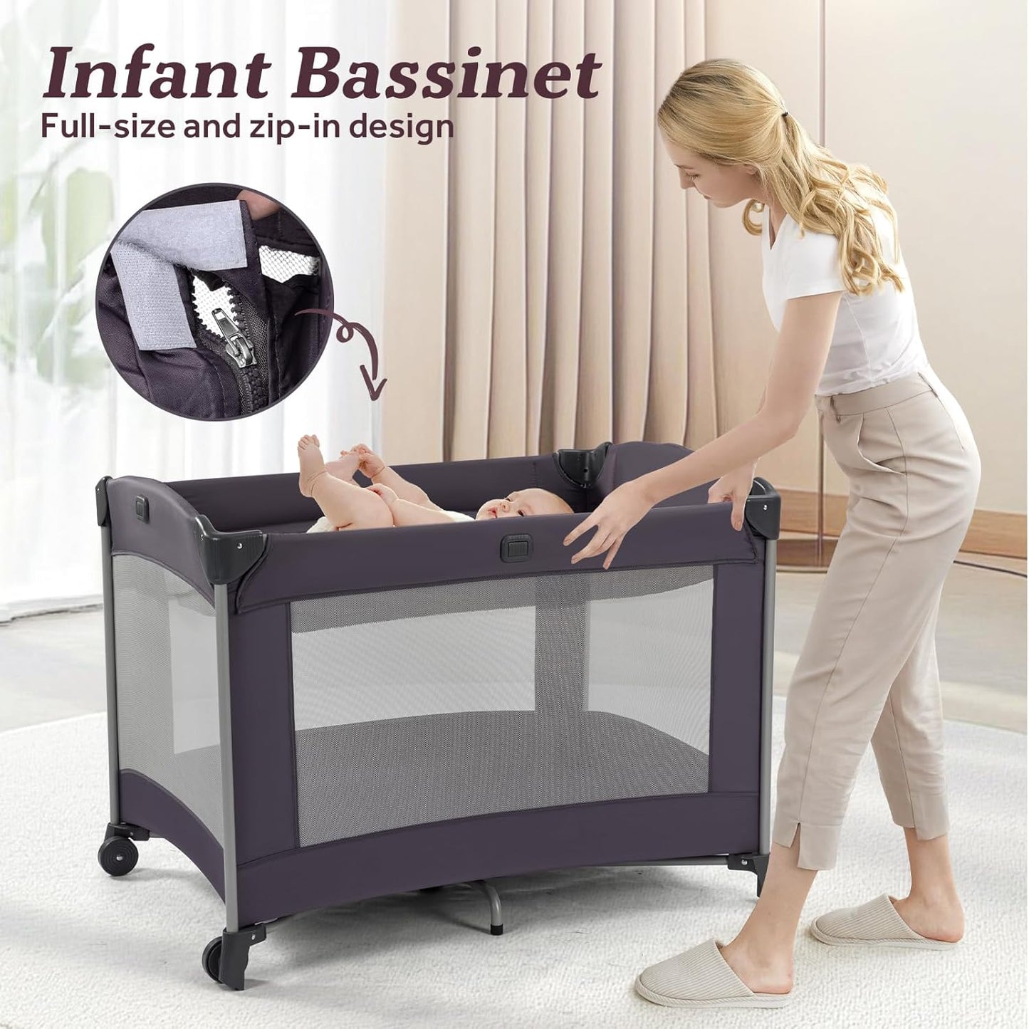 Portable Baby Playard 4 in 1 Design, Foldable Baby Playpen with Removable Bassinet, Canopy and Changing Table, Infant Playrad, Nursery Center Travel Crib