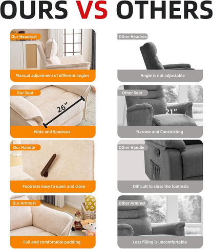 Oversized Glider Rocker Recliner, 26" Extra Wide 360° Swivel Nursery Recliner with Adjustable Headrest, Chenille Rocking Nursery Chair with Overstuffed Armrest, Lumbar Support, Light Grey
