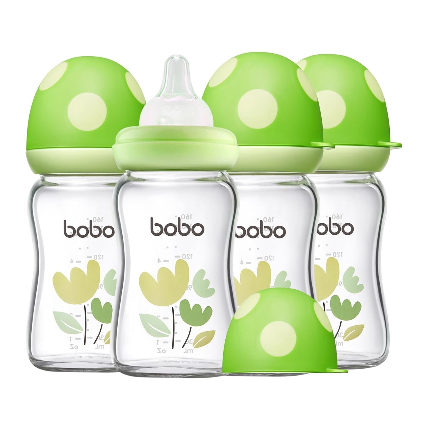 YOHKOH Natural Glass Baby Bottle with Level 1 Slow Flow Nipple, Newborn Anti-Colic Baby Bottles, Wide Neck Mushroom Baby Glass Bottle (Multicolour-A, 3.4oz (Pack of 4))
