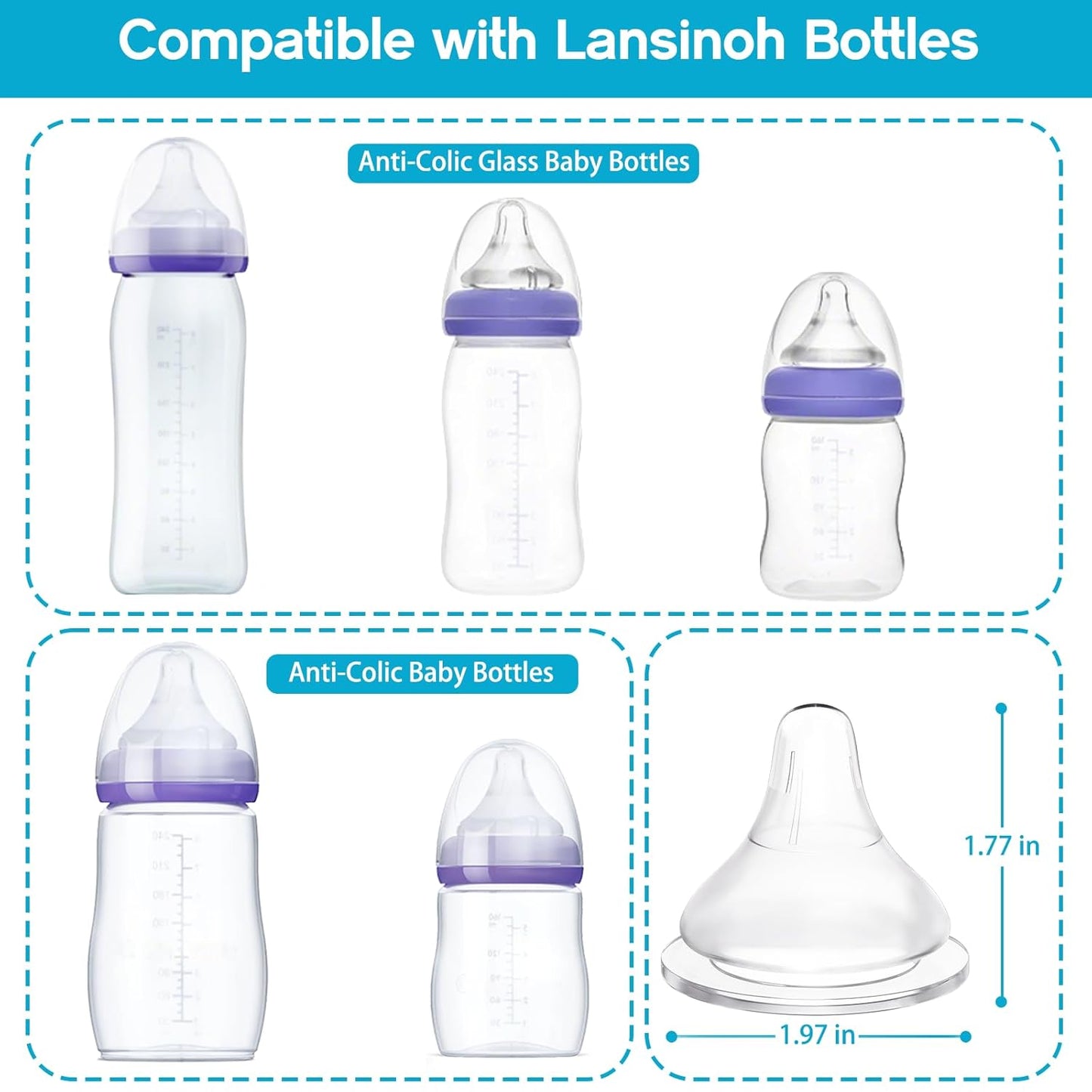 Silicone Bottle Baby Feeding Nipples Compatible with Lansinoh Bottles, Replacement Soft Nipple for Baby 1+ Months, Anti-Colic, BPA-Free, Slow Flow, Size S, 6 Count