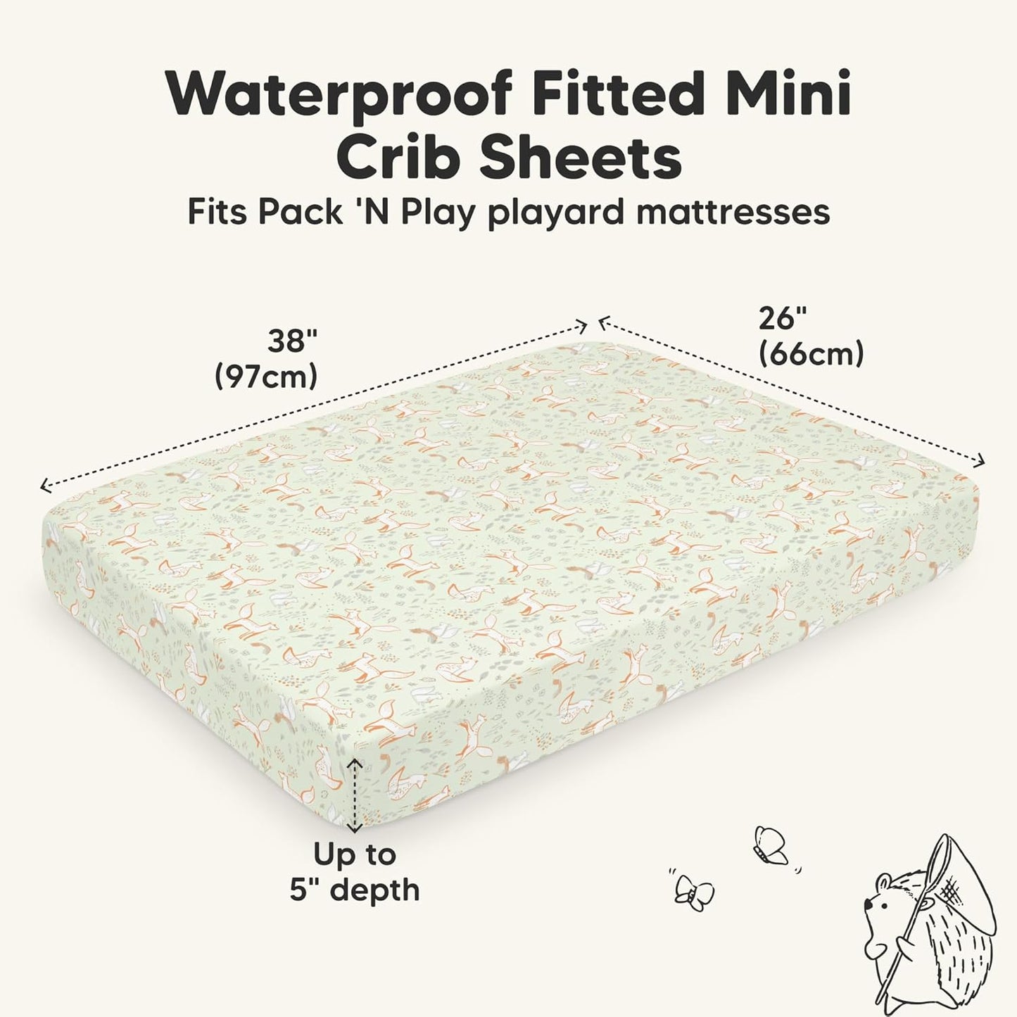 2-Pack Waterproof Pack and Play Sheets, Mini Crib Sheets Fitted for Boy, Girl - 38 x 26 Viscose from Bamboo Pack N Play Mattress Sheets for Graco, Toddler Playard Baby Crib Sheets Neutral (Blue Flax) - Colors A