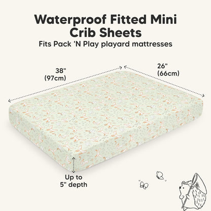 2-Pack Waterproof Pack and Play Sheets, Mini Crib Sheets Fitted for Boy, Girl - 38 x 26 Viscose from Bamboo Pack N Play Mattress Sheets for Graco, Toddler Playard Baby Crib Sheets Neutral (Blue Flax) - Colors A