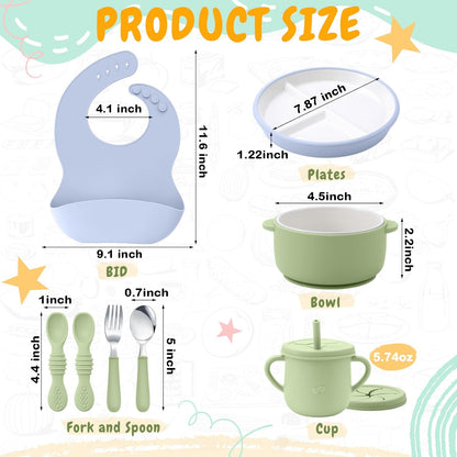 Teenyyou 9 Pcs Porcelain Kids Plates and Bowls Feeding Set with Suction, Ceramic Baby Toddler Divided Plates Silicone Sleeve Bowls Forks Spoons Cup Bib Microwave Dishwasher Safe(Pastels)