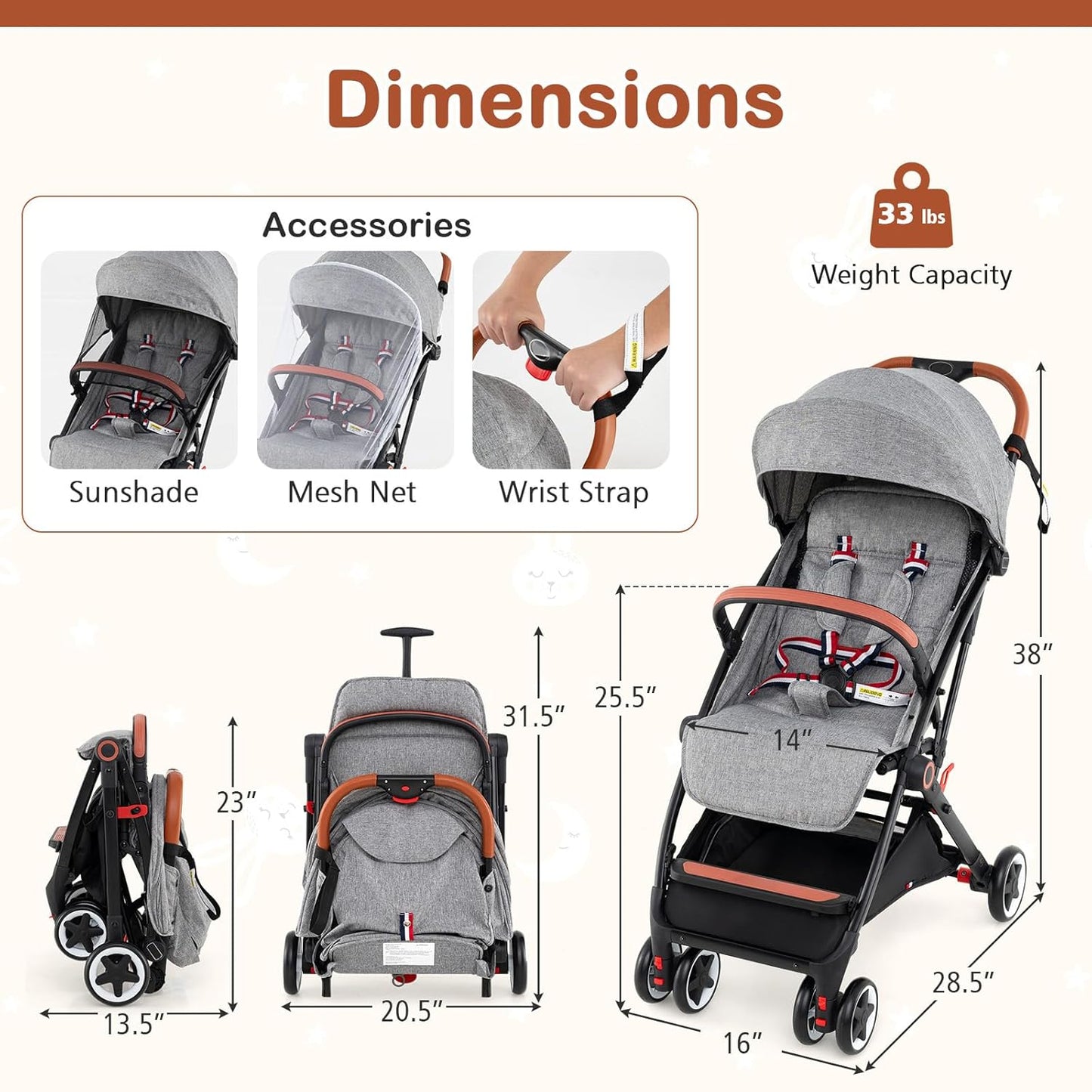 HONEY JOY Travel Stroller, One-Hand Quick Fold Lightweight Umbrella Stroller for Airplane, Wrist Wrap & Net, Multi-Position Recline, Overhead Friendly Compact Stroller for Newborn and Toddler(Gray)