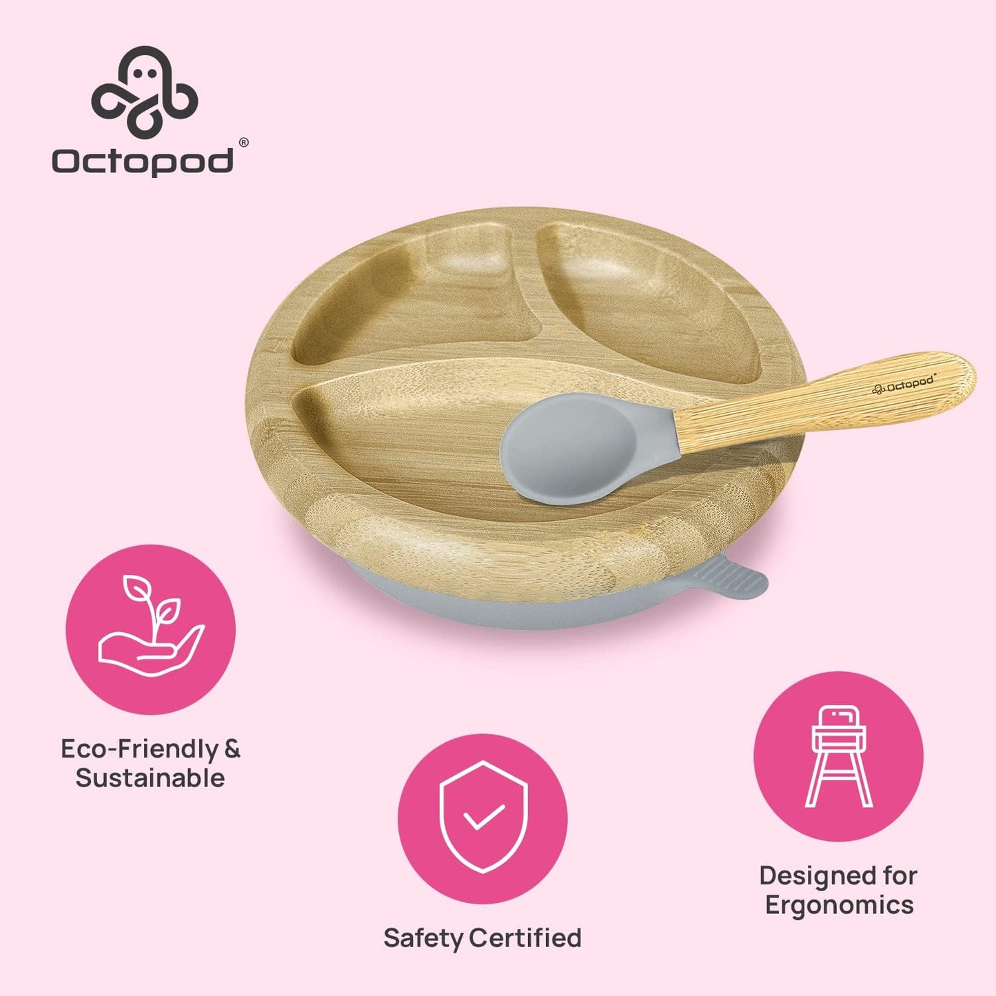 Abiie Octopod Bamboo Dish - Kids Plates for 4 months and up, 3-Compartment Baby Plates with Suction, Triangle Bamboo Baby Plate, Mess-Free Toddler Suction Plates, Baby Feeding Supplies, 8.3x1.9x7.7 in