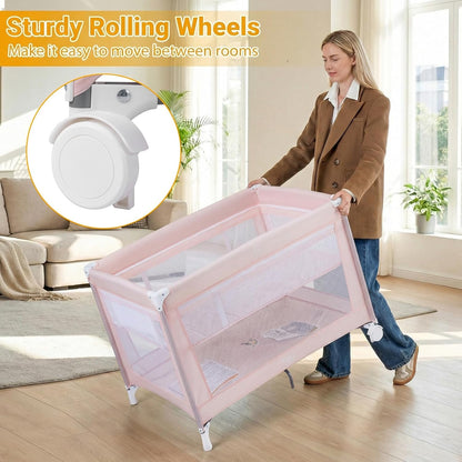 BABY JOY 3 in 1 Pack and Play, Portable Baby Playard with Bassinet, Changing Table, Lockable Wheels, Glowing Music Box, Travel Baby Crib Bassinet Bed from Newborn to Toddler