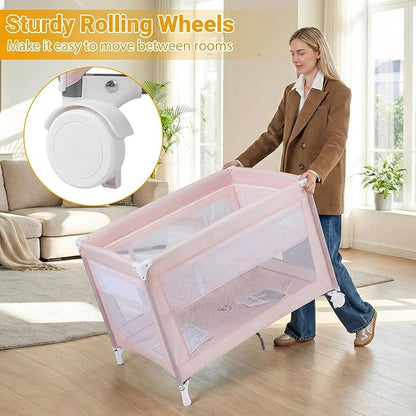 BABY JOY Pack and Play with Bassinet, Portable Playard for Baby, Double Layer Foldable Baby Playpen with Mattress, Lightweight Pink Travel Crib with Bassinet & Carry Bag from Newborn to Toddlers