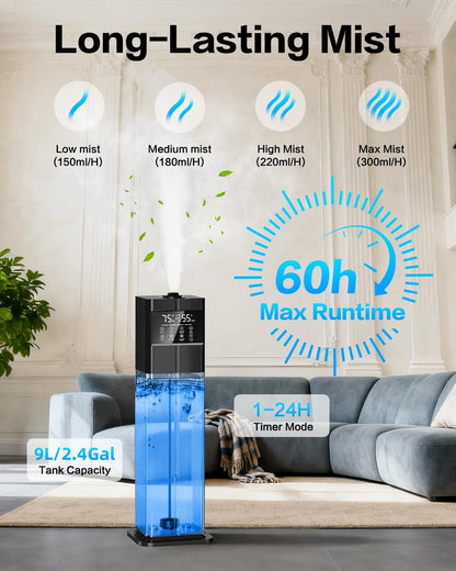 Cool Mist Humidifiers for Bedroom, Ultrasonic 2.4Gal 9L Quiet Top-Fill, Easy Clean with Essential Oil Tray, 360°Nozzle, 4 Speed, Remote, 60H Runtime, for Baby, Adults, Plants, Home, House, Large Room