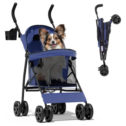 Magshion Compact Pet Stroller for Small-Medium Dogs/Cats up to 22lbs, 4-Wheel Lightweight Umbrella Shaped Portable Puppy Travel Jogger with Breathable Mesh, Cup Holder & Rear Storage, Black