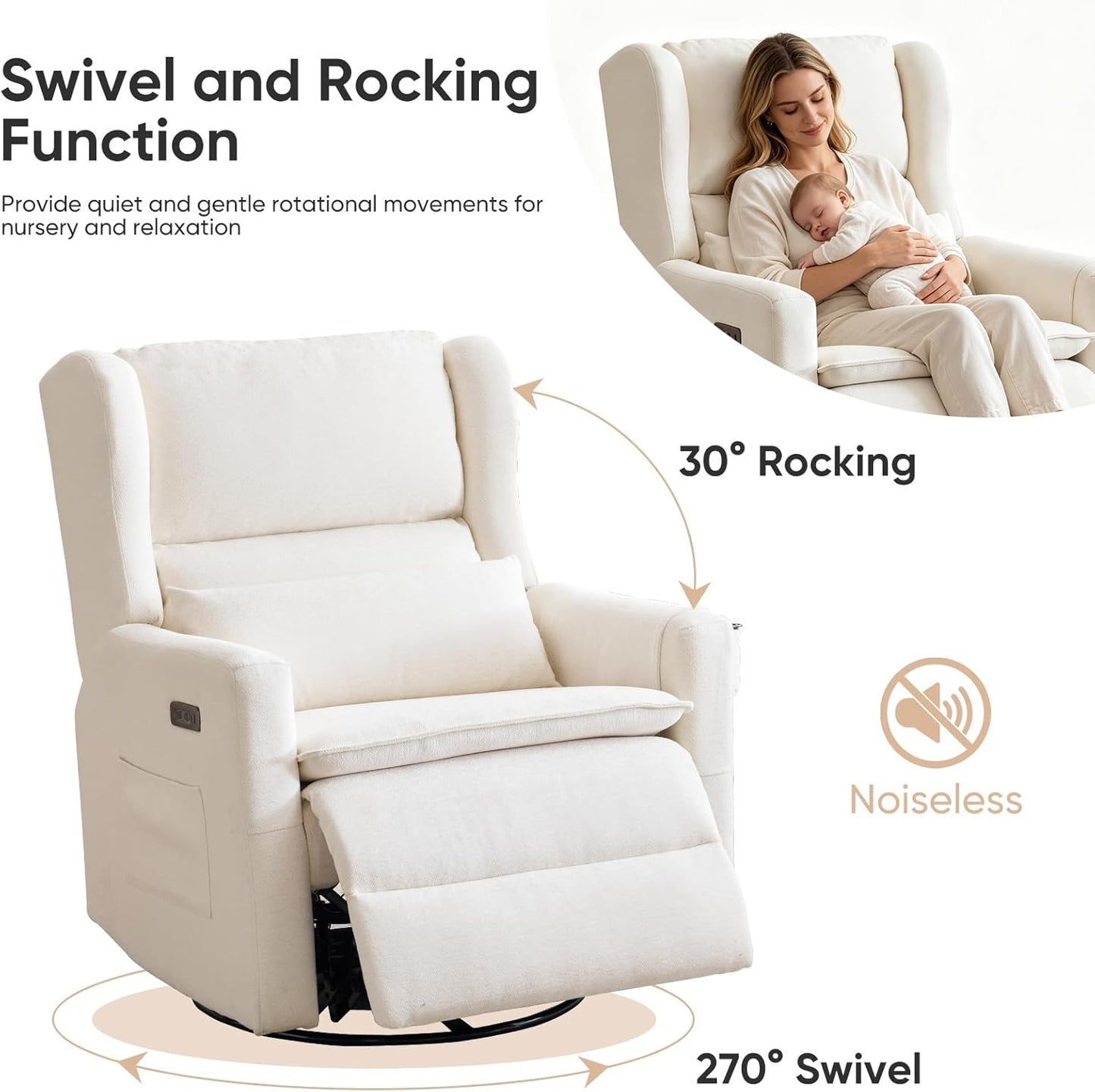 Large Glider Rocker Recliner,Rocking Chair Nursery with Adjustable Headrest,Swivel Rocker Recliner with Lumbar Support,Manual Nursery Rocker Recliner for Living Room& Bedroom,Chenille White