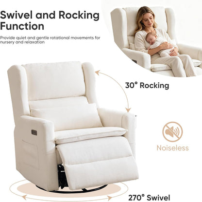 Large Glider Rocker Recliner,Rocking Chair Nursery with Adjustable Headrest,Swivel Rocker Recliner with Lumbar Support,Manual Nursery Rocker Recliner for Living Room& Bedroom,Chenille White