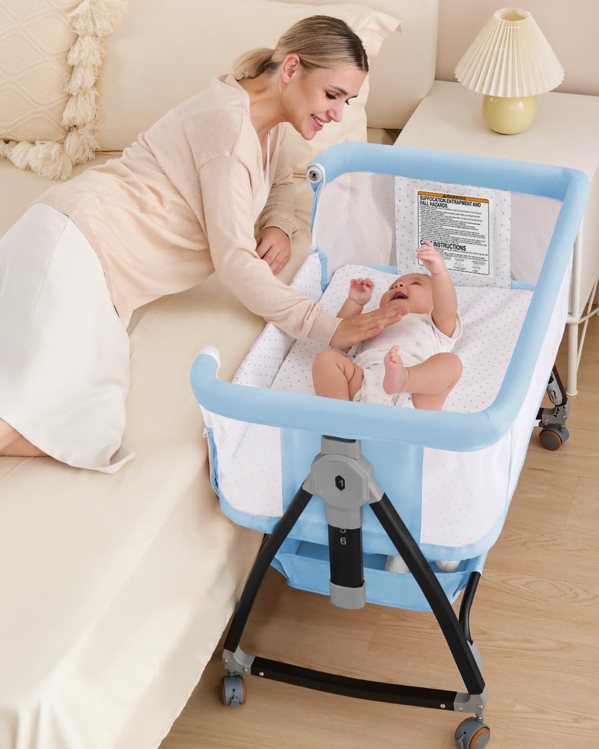 Bedside Bassinet for Baby, 3 in 1 Breathable Mesh Baby Bassinet, 6 Height Adjustable, Easy to Assemble, Bassinet Bedside Sleeper with Wheels, Mosquito Net, Storage Basket, Bassinets for Newborn Baby | Multi-functional