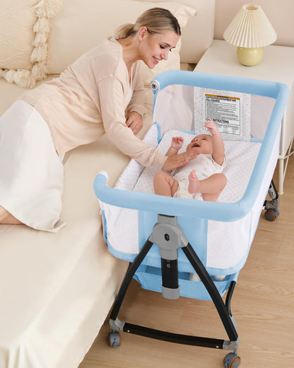 Bedside Bassinet for Baby, 3 in 1 Breathable Mesh Baby Bassinet, 6 Height Adjustable, Easy to Assemble, Bassinet Bedside Sleeper with Wheels, Mosquito Net, Storage Basket, Bassinets for Newborn Baby | Multi-functional