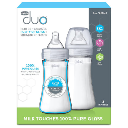 Chicco Duo 9oz Hybrid Baby Bottle, Real Glass Inside, Lightweight Plastic Outside, Patented Invinci-Glass Technology, Intui-Latch Nipple, 2-Pack, Clear/Pink