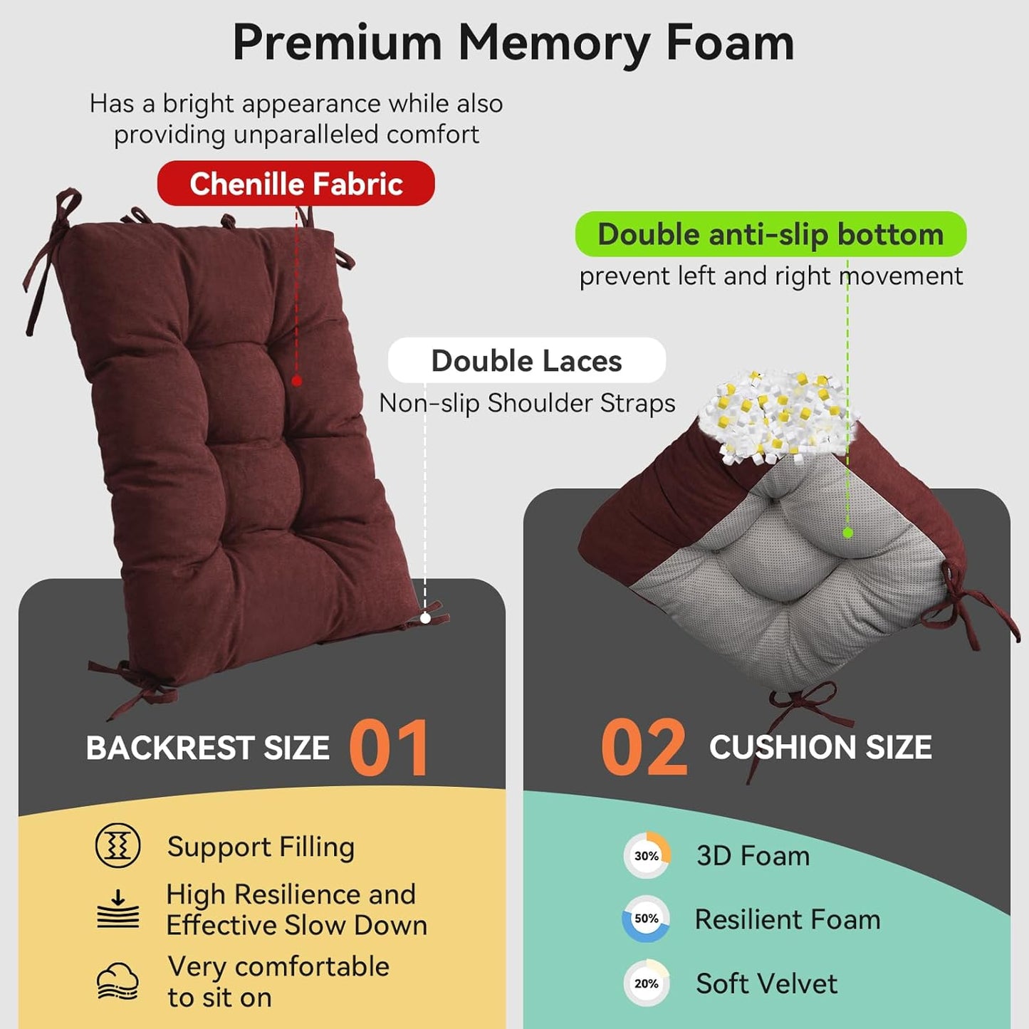 Millsilo Rocking Chair Cushions 3-Piece Set with Neck Pillow, Indoor Rocker Comfortable Tufted Non-Slip Pads with Ties, High-Density Foam Cushion for Adirondack Glider Chair, Orange, 52 x 19 x 4 Inch
