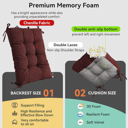 Millsilo Rocking Chair Cushions 3-Piece Set with Neck Pillow, Indoor Rocker Comfortable Tufted Non-Slip Pads with Ties, High-Density Foam Cushion for Adirondack Glider Chair, Orange, 52 x 19 x 4 Inch