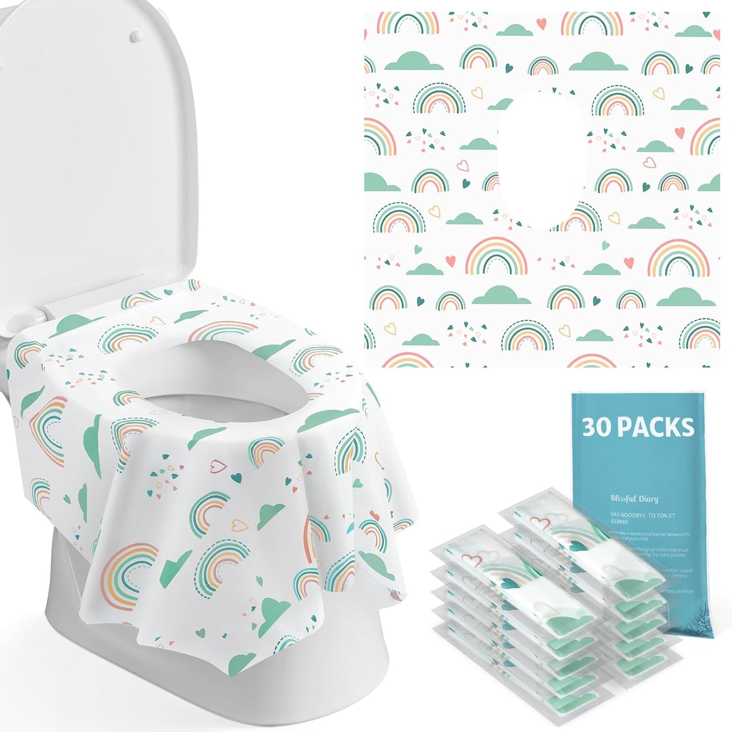 Blissful Diary 20 Pcs Toilet Seat Covers Disposable for Toddlers & Adults, Extra Large Waterproof, Portable Package for Travel, Kids Potty Training(Purple Flowers))