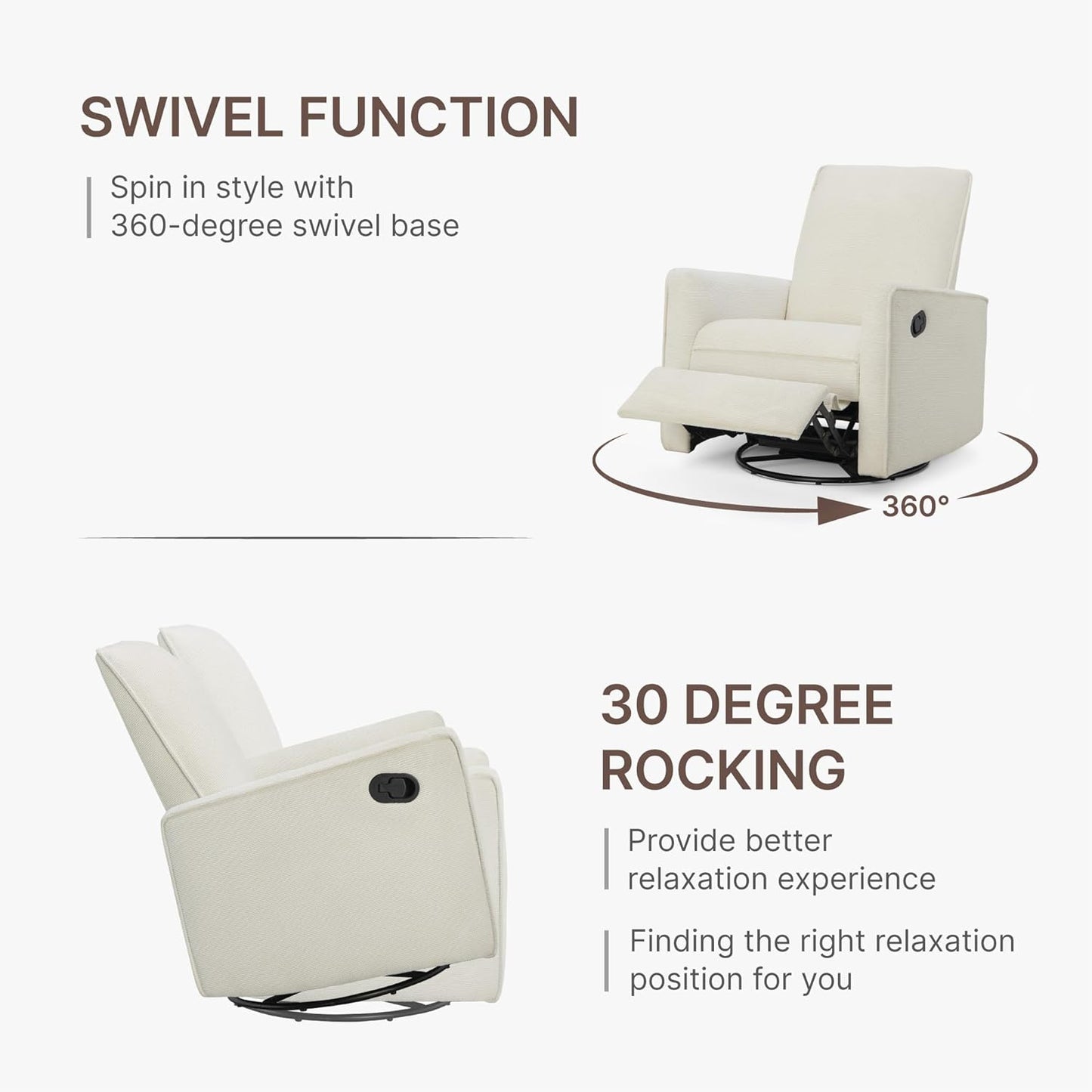 KISLOT Upholstered Recliner Swivel Glider Nursery Chair Reclining Performance Fabric Rocker with Wood Base,Boucle,Moss Green