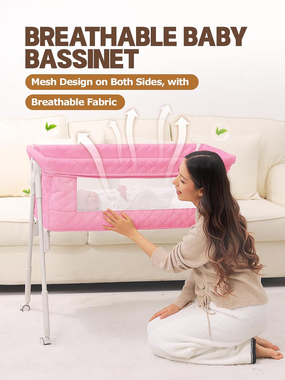 Baby Bassinet Bedside Sleeper - Upgrade Safety Bassinets with Crib Sheet, Easy to Move, 4 Adjustable Height Bedside Bassinet for Infant Newborn, Cream | More Safer, Easy Move, Storage Bag, Waterproof Sheet, Storage Bag, Easy to Install